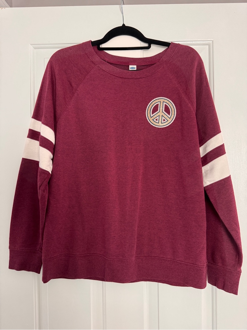 Old Navy Maroon Crewneck Sweatshirt with Cream Stripes & Peace Patch